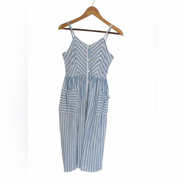 Bombay Paisley Light Blue Striped Cotton Button Front Midi Dress Pockets Summer - Picture 2 of 13